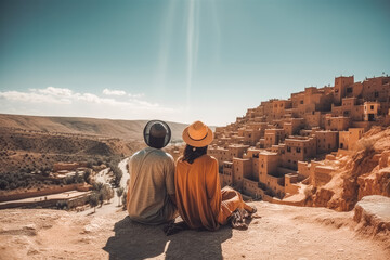 Morocco travel destination. Tourist couple on sunny day in city beautiful urban landscape view. Generative AI.