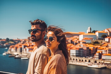 Porto travel destination. Tourist couple on sunny day in city beautiful urban landscape view. Generative AI. - obrazy, fototapety, plakaty
