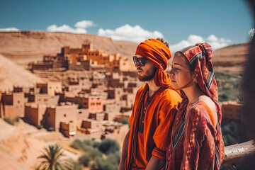 Morocco travel destination. Tourist couple on sunny day in city beautiful urban landscape view. Generative AI.