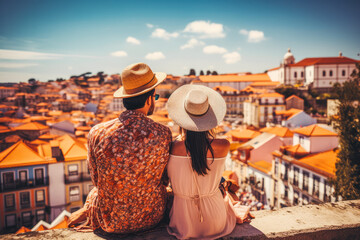 Portugal travel destination. Tourist couple on sunny day in city beautiful urban landscape view. Generative AI.
