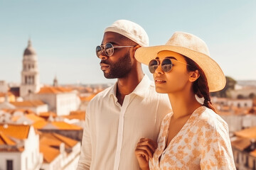 Lisbon travel destination. Tourist couple on sunny day in city beautiful urban landscape view. Generative AI.