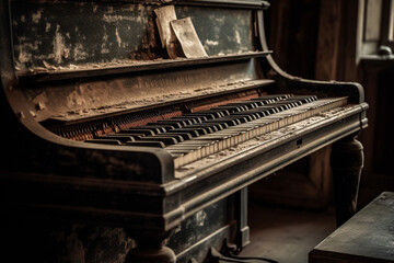 Fototapeta na wymiar Grunge old dusty piano in an abandoned room. Ai generated
