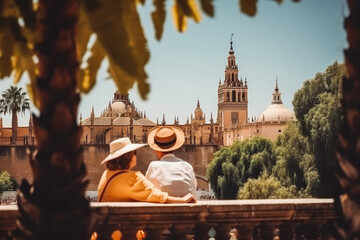 Fototapeta premium Seville travel destination. Tourist couple on sunny day in city beautiful urban landscape view. Generative AI.