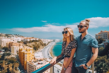 Fototapeta na wymiar Malaga travel destination. Tourist couple on sunny day in city beautiful urban landscape view. Generative AI.