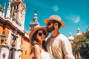 Naklejka premium Seville travel destination. Tourist couple on sunny day in city beautiful urban landscape view. Generative AI.