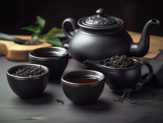 Traditional black tea for breakfast closeup. Drinks in cups, dry tea and teapot for International Tea Day. Generative AI