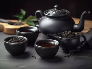 Foto op Aluminium Traditional black tea for breakfast closeup. Drinks in cups, dry tea and teapot for International Tea Day. Generative AI © Ann_ka