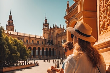 Obraz premium Seville travel destination. Tourist couple on sunny day in city beautiful urban landscape view. Generative AI.
