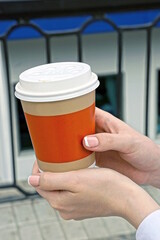 girl hands holding red brown paper cup with coffee closed with white lid outdoors