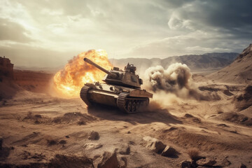 Fototapeta na wymiar a tank is under fire, war zone, war and weapons technology, fictional location and army affiliation