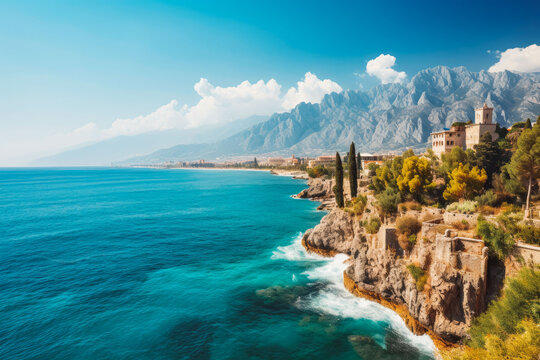 Antalya travel destination. Sunny day on the beach with beautiful view. Generative AI