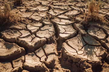 Drought soil background. Close up of soil ground cracks because of drought. Generative AI