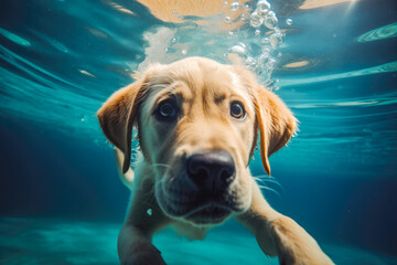 Underwater funny photo of golden labrador retriever puppy. Puppy swimming underwater. Generative AI