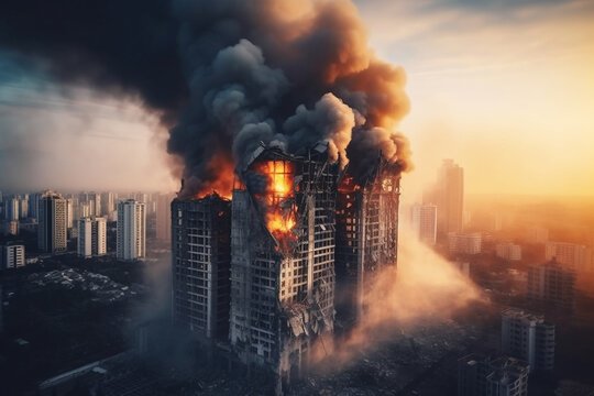 bird's eye view of a destroyed burning building with fire flames smoke and smoke in a big city, skyscraper in the middle of a city, fictional place and happening