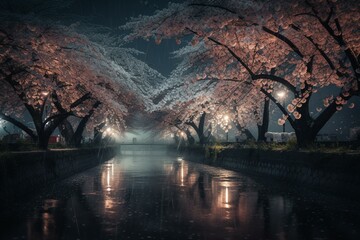 Beautifully depicting the enchantment of cherry blossom at night. Generative AI