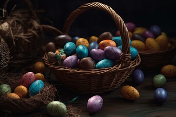 Fototapeta na wymiar A colorful basket with Easter chocolate eggs, perfect for seasonal backgrounds. Generative AI