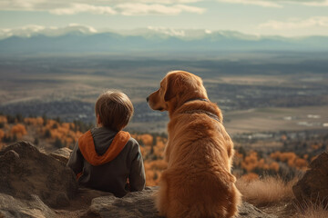Boy and his dog on the top of a hill or mountain. Ai generated
