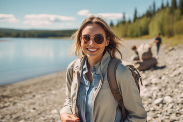 young adult woman traveling, hiking along a small river in nature with other tourists or friends, fictional place