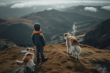 Boy and his dog on the top of a hill or mountain. Ai generated