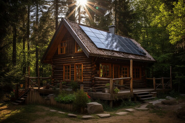 Fototapeta na wymiar Log cabin in the forest with sunlight. Ai generated