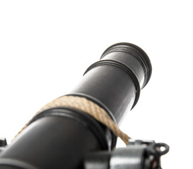 Toy model of cannon isolated on white background, closeup