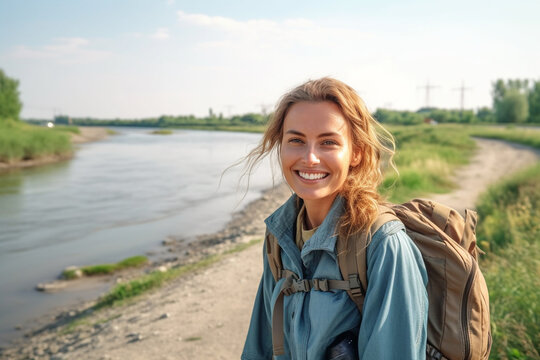young adult woman traveling, hiking along a small river in nature, fictional place