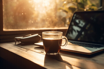 Hot cup of morning coffee inside a room with laptop. Cozy relaxing environment to enjoy an espresso and work. Ai generated