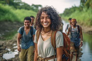 Obraz premium young adult woman traveling, hiking along a small river in tropical nature with other tourists or friends and local people, fictional place