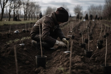 Person planting trees in a forest or garden with warm sunrays. Gardening agriculture or sustainable environmental ecology concept. Ai generated