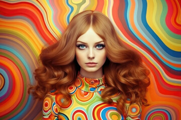 Young fashion woman with long curly red hair wearing 60s design clothing. Digital illustration. Generative AI - obrazy, fototapety, plakaty