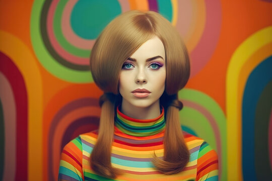 Young fashion woman with long red hair on colorful 60s design background. Digital illustration. Generative AI