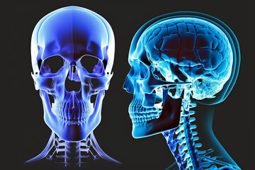 Radiography or X ray of head scan of a human skull with brain. Ai generated