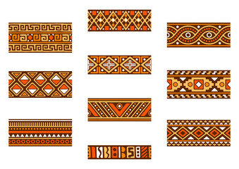 African seamless borders set. Hand stamp printing. Ethnic folk texture. - obrazy, fototapety, plakaty
