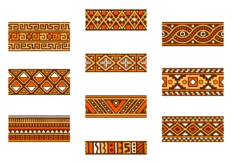 Vlies Fototapete Boho-Stil African seamless borders set. Hand stamp printing. Ethnic folk texture.