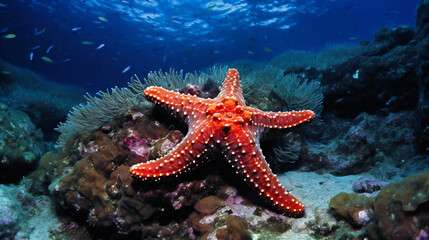 A starfish is swimming above corals in a coral reef