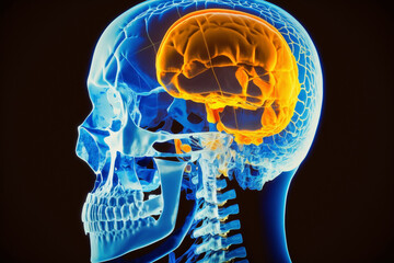 Radiography or X ray of head scan of a human skull with brain. Ai generated