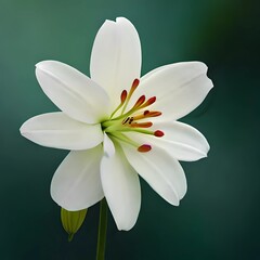 Fototapeta premium A white lily with delicate petals that gradually transition to a soft pink color towards the center of the bloom, set against a dark green background