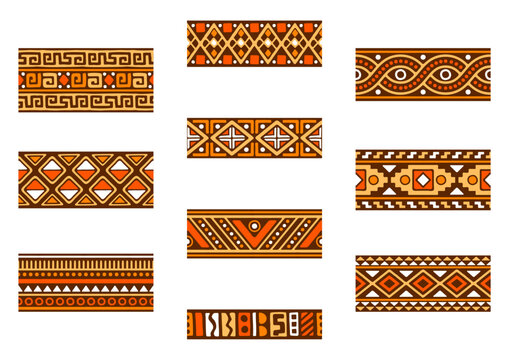 African seamless borders set. Hand stamp printing. Ethnic folk texture.