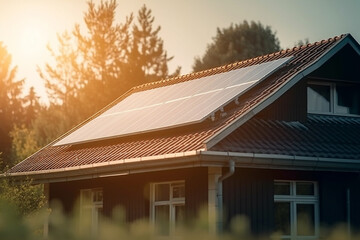 Fototapeta premium Solar panels with warm sun rays. Ai generated