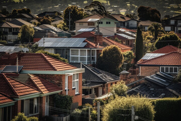 Obraz premium Neighborhood with beautiful houses and solar panels. Ai generated