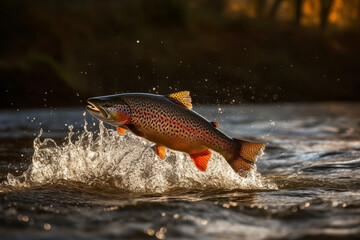 Fototapeta na wymiar Trout fish jumping from the river. Ai generated