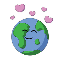 Cute cartoon planet earth with hearts in color