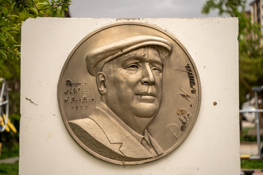 Pablo Neruda statue in the park. Pablo Neruda was a Chilean poet-diplomat and politician. Ankara, Turkey - May 7, 2023.