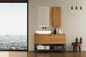 Stylish bathroom interior with parquet floor, window with city view, white walls, bathtub, and white sink with vertical mirror and wooden vanity. 3d rendering, Mock up