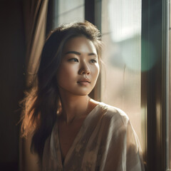 Fototapeta na wymiar Asian woman looking out window, AI-Generated Image