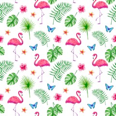 summer african exotic tropical pattern with flamingo monstera palm butterfly and wild flowers
