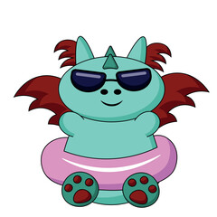 Cute cartoon dragon in sunglasses and inflatable ring in color