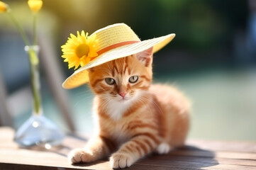 Obraz premium Ginger kitten with straw hat and yellow flower. Generative AI