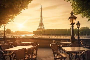 Beautiful empty Paris cafe in sunset, EIffel Tower on background. Generative AI - obrazy, fototapety, plakaty