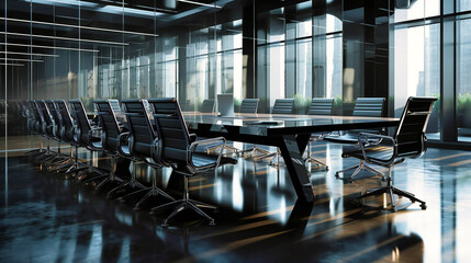 A large conference table with black chairs in the middle